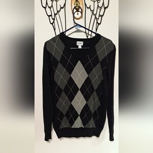 Old Navy Black & Gray Argyle V-Neck Sweater - Women's